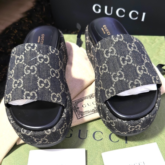 💯🌺 GUCCI Angelina GG logo denim platform slides sandals - Picture 8 of 12